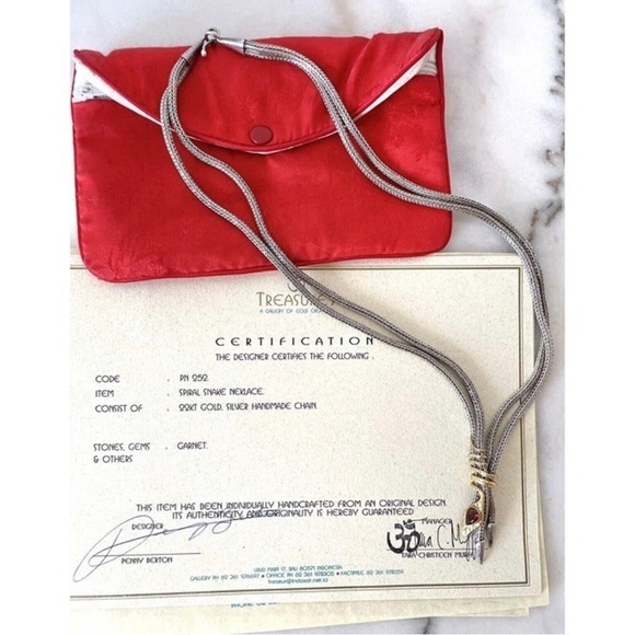 Handcrafted Bali Spiral Snake Necklace-Sterling Silver, Garnet & 22K Gold Accent - Picture 2 of 9